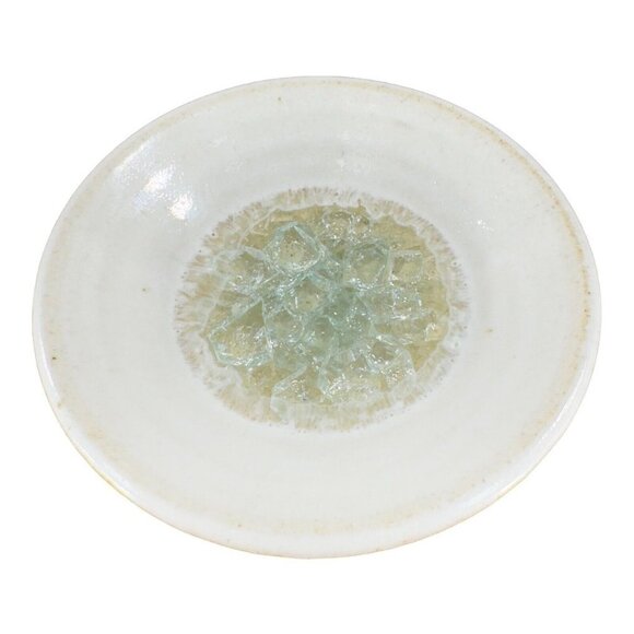 Hand Made Pottery Dish Bowl White Ceramic W Crystalline Light Green Center JUNE - Picture 1 of 11